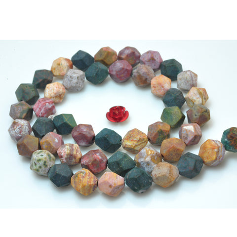 YesBeads Natural Ocean Fossil Agate matte star cut faceted nugget beads gemstone wholesale 15"