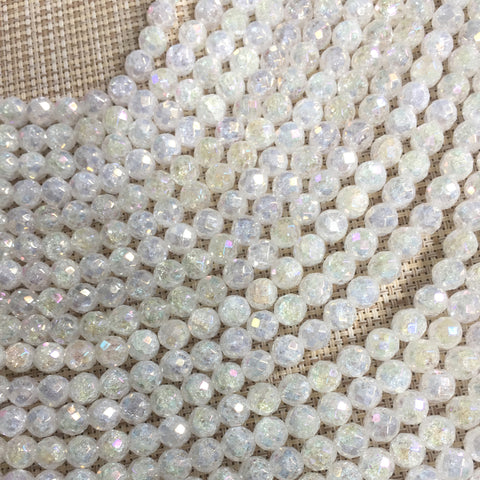 YesBeads Titanium snow clear quartz crackle rock crystal faceted round beads gemstone wholesale jewelry making 15"