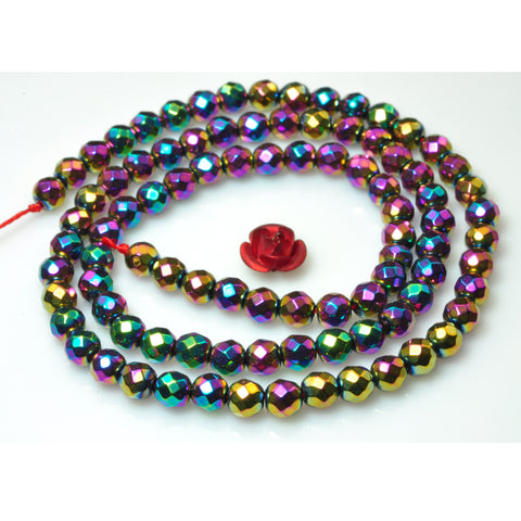 YesBeads Rainbow Hematite titanium coated faceted round beads gemstone wholesale 15" 64Faces
