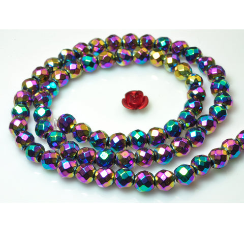 YesBeads Rainbow Hematite titanium coated faceted round beads gemstone wholesale 15" 64Faces