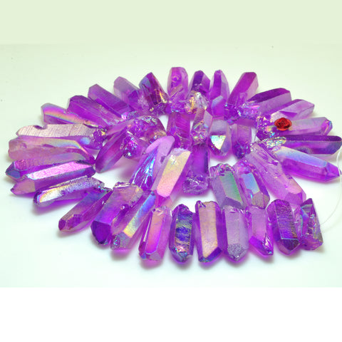 Quartz crystal points titanium coated purple mystic AB rough matte spike tower stick beads 15"