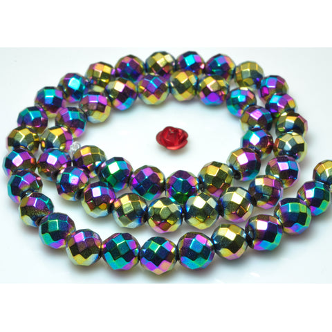 YesBeads Rainbow Hematite titanium coated faceted round beads gemstone wholesale 15" 64Faces