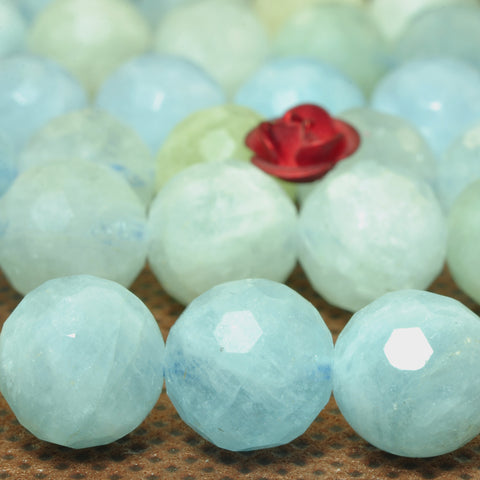 YesBeads Natural Aquamarine faceted round beads blue gemstone wholesale jewelry 15"