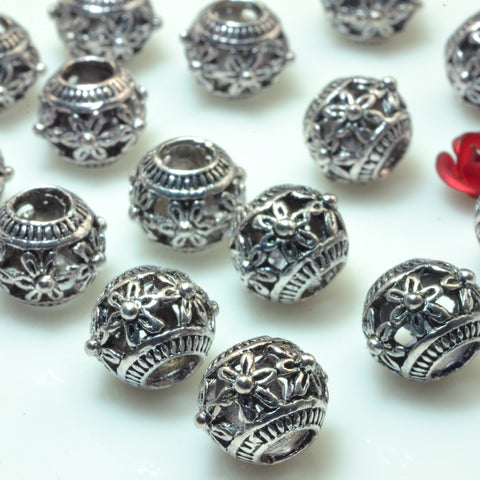 YesBeads 50pcs Vintage antique silver plated flower round metal spacer beads wholesale jewelry findings supplies