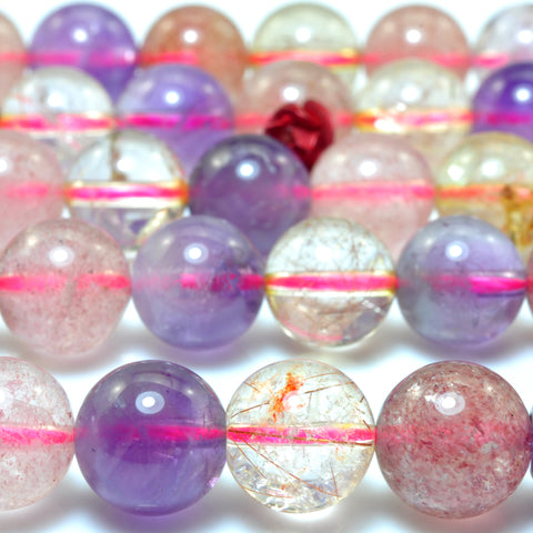 YesBeads Natural Rainbow Rutilated Quartz smooth round beads mix Amethyst Strawberry Quartz gemstone wholesale 15"
