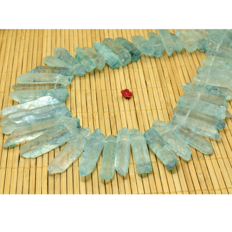 YesBeads Quartz crystal points titanium coated blue rough matte spike tower stick beads gemstone 15"
