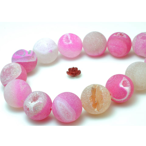 YesBeads Rose Red Druzy Quartz Agate matte round loose beads gemstone wholesale jewelry making 15"