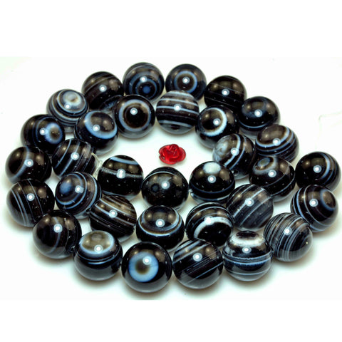 YesBeads Natural Black Eye Agate smooth round beads banded agate gemstone wholesale jewelry making 15"