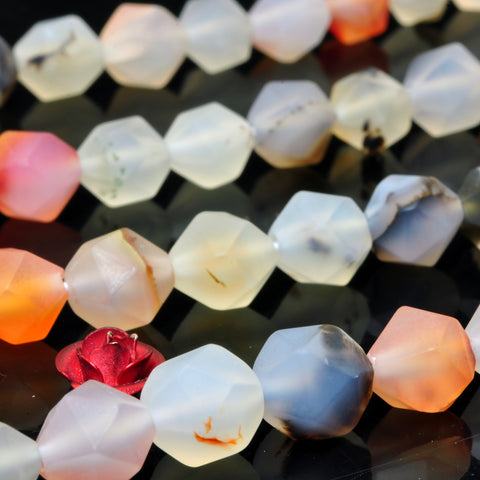 YesBeads Natural Dendritic Agate star cut faceted matte nugget beads 8mm 15''