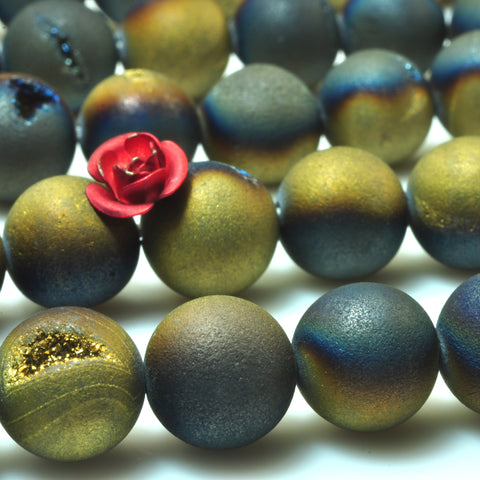 YesBeads Druzy Agate titanium coated black gold agate matte round beads gemstone 15"