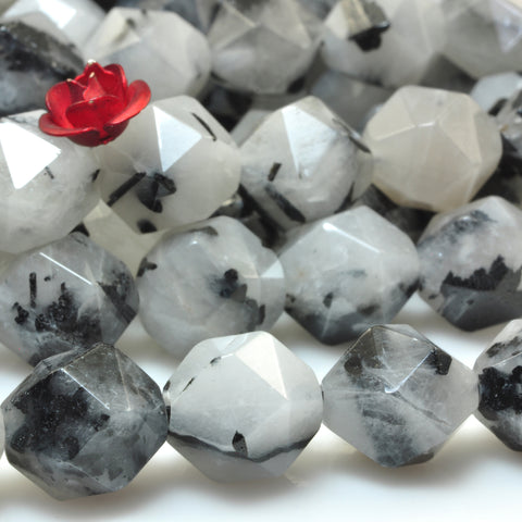 YesBeads Natural Black Rutilated Quartz star cut faceted nugget beads gemstone 15"