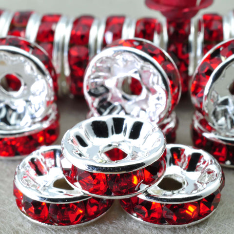 YesBeads 100pcs Silver plated red crystal rhinestone rondelle spacer beads wholesale findings jewelry-Straight Edge