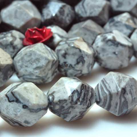 YesBeads Natural Picasso Jasper star cut faceted nugget beads gray gemstone 15"