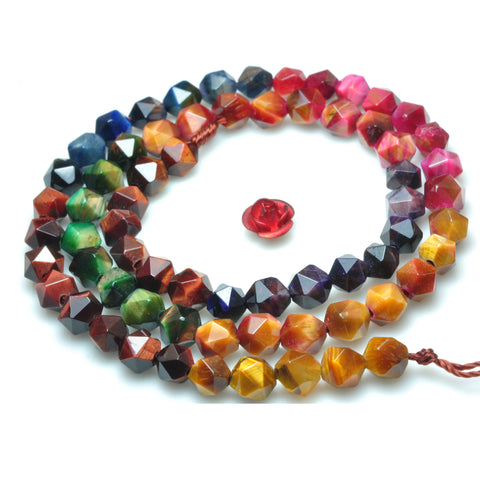 YesBeads Rainbow Tiger Eye mix gemstone star cut faceted nugget beads 6mm 8mm 15"