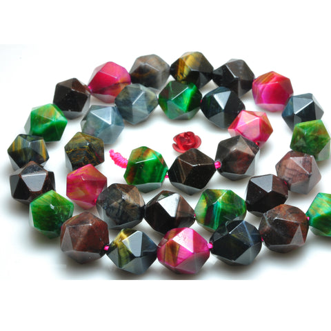 YesBeads Rainbow Tiger Eye mix gemstone star cut faceted nugget beads 10mm 12mm 15"