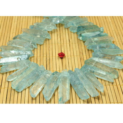 YesBeads Quartz crystal points titanium coated blue rough matte spike tower stick beads gemstone 15"