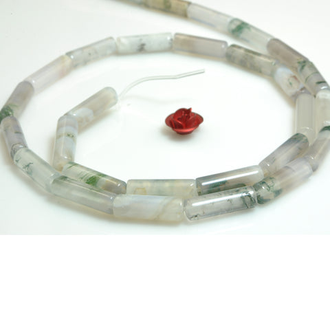 YesBeads Natural Moss Agate smooth tube cylinder beads gemstone wholesale jewelry making 15"