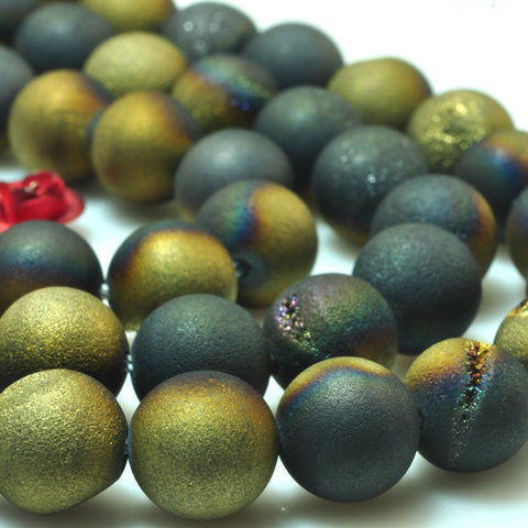 YesBeads Druzy Agate titanium coated black gold agate matte round beads gemstone 15"