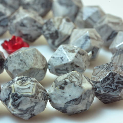 YesBeads Natural Picasso Jasper star cut faceted nugget beads gray gemstone 15"