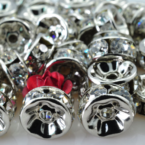YesBeads 100pcs Antique Silver plated clear crystal rhinestone rondelle spacer beads wholesale findings jewelry-Straight Edge