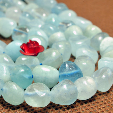 YesBeads Natural Blue Aquamarine gemstone smooth pebble chip beads wholesale 15"