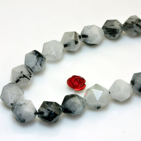 YesBeads Natural Black Rutilated Quartz star cut faceted nugget beads gemstone 15"