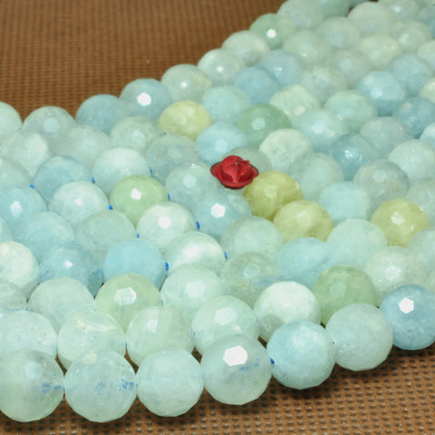 YesBeads Natural Aquamarine faceted round beads blue gemstone wholesale jewelry 15"