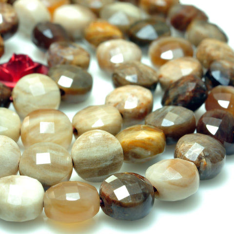 YesBeads Natural Petrified Wood Jasper micro faceted coin loose beads wholesale gemstone jewelry making 15"