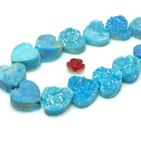 YesBeads Druzy Quartz titanium blue rough flat back heart beads gemstone jewelry 7"