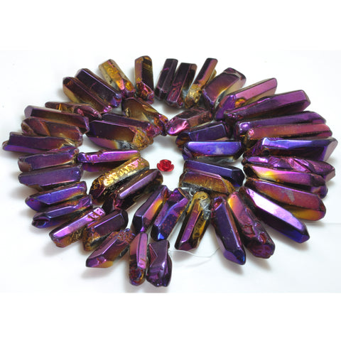 Quartz crystal points titanium coated mystic purple top drilled smooth spike tower stick beads 15"