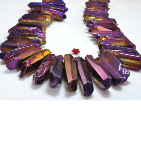 Quartz crystal points titanium coated mystic purple top drilled smooth spike tower stick beads 15"