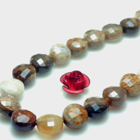 YesBeads Natural Petrified Wood Jasper micro faceted coin loose beads wholesale gemstone jewelry making 15"