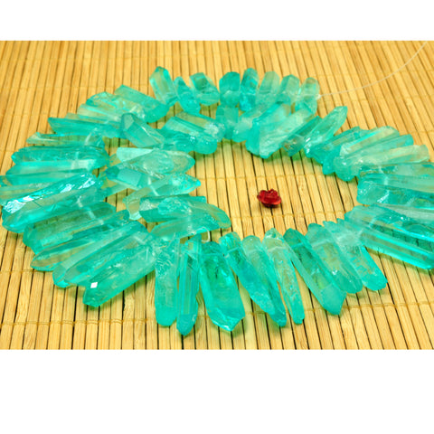YesBeads Quartz crystal points titanium coated green rough matte spike tower stick beads gemstone 15"