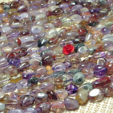YesBeads natural Super 7 Seven Crystal smooth pebble chip beads cacoxenite amethyst gemstone wholesale jewelry making 5-10mm 15"
