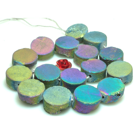 YesBeads Druzy Quartz titanium rainbow rough flat back coin beads gemstone jewelry 7.5"