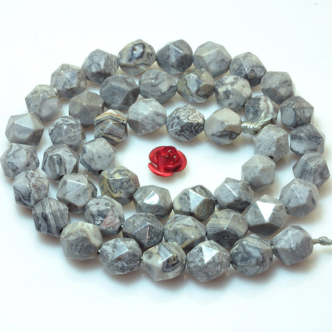 YesBeads Natural Picasso Jasper star cut faceted nugget beads gray gemstone 15"