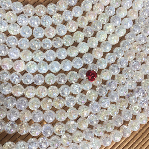 YesBeads Titanium snow clear quartz crackle rock crystal smooth round beads gemstone wholesale jewelry making 15"