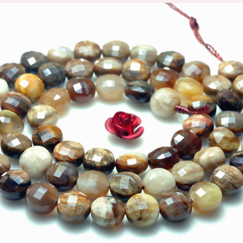 YesBeads Natural Petrified Wood Jasper micro faceted coin loose beads wholesale gemstone jewelry making 15"