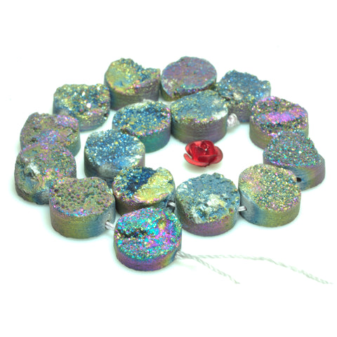 YesBeads Druzy Quartz titanium rainbow rough flat back coin beads gemstone jewelry 7.5"