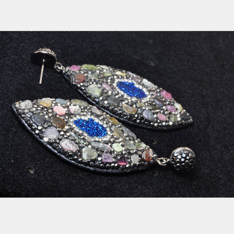 YesBeads Earrings Tourmaline chips beads paved CZ rhinestone crystal stud dangle earrings oval shape whoelesale jewelry
