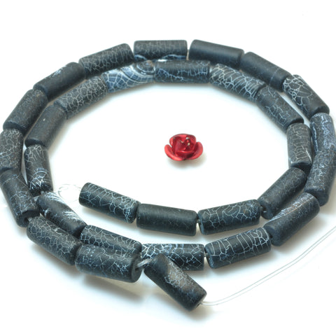 YesBeads Black Fire Agate crackle frosted matte tube beads gemstone wholesale 15"