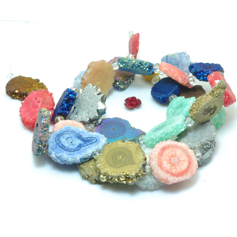 YesBeads Solar Quartz titanium multicolor rainbow druzy quartz matte slice flower beads 7.5"
