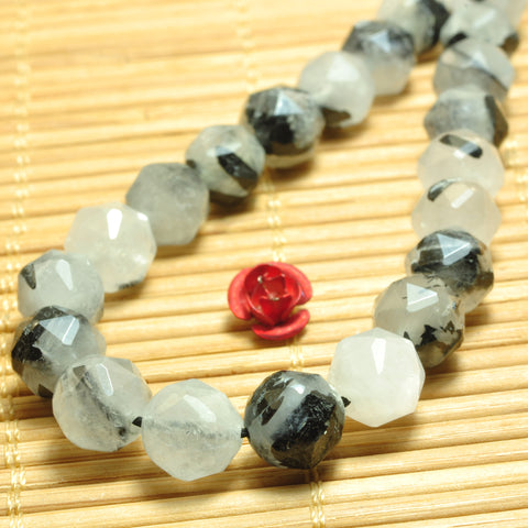 Natural black rutilated quartz diamond cut faceted loose beads wholesale gemstone jewelry making bracelet diy stuff