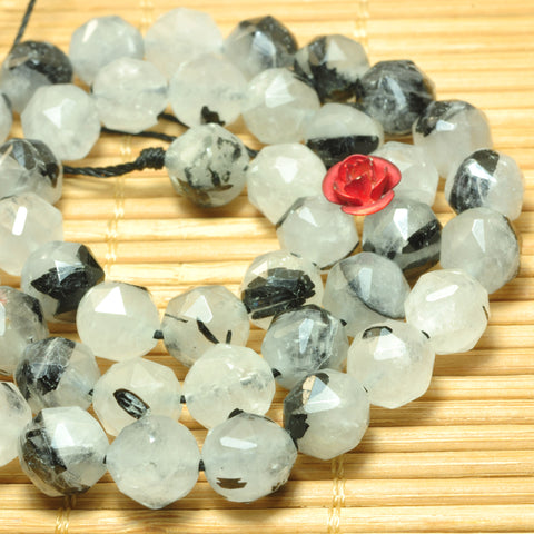 Natural black rutilated quartz diamond cut faceted loose beads wholesale gemstone jewelry making bracelet diy stuff