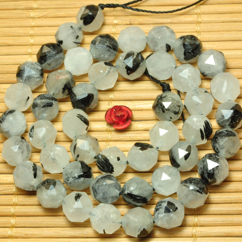 Natural black rutilated quartz diamond cut faceted loose beads wholesale gemstone jewelry making bracelet diy stuff