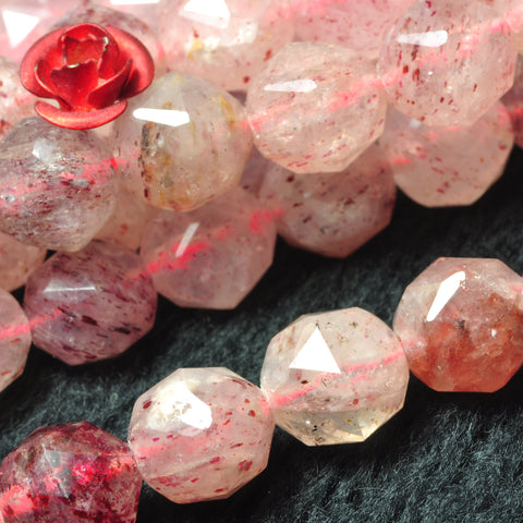 Natural strawberry quartz diamond cut faceted loose round beads wholesale gemstone jewelry making bracelet diy stuff