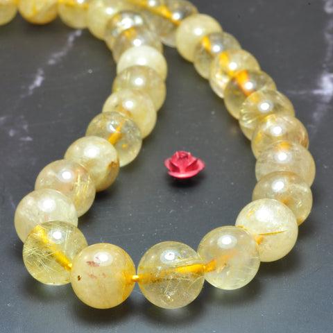 Natural golden rutilated quartz smooth round beads wholesale gemstone DIY jewelry making stuff