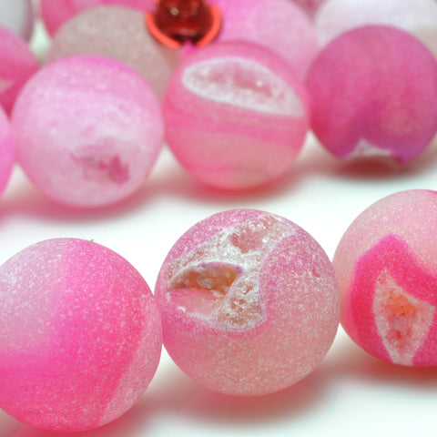 YesBeads Rose Red Druzy Quartz Agate matte round loose beads gemstone wholesale jewelry making 15"