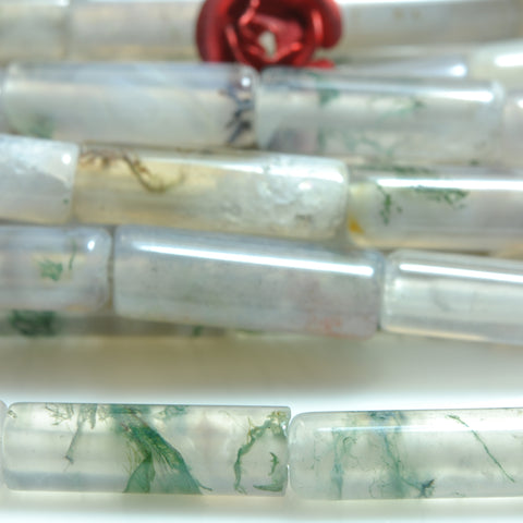 YesBeads Natural Moss Agate smooth tube cylinder beads gemstone wholesale jewelry making 15"
