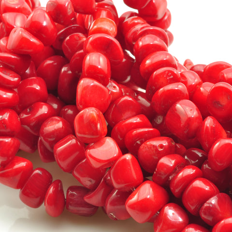 YesBeads Red Coral smooth pebble chip beads wholesale gemstone jewelry 15"